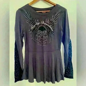 Harley Davidson Long Sleeve Darg Gray Dressy Shirt Bling Willy G Skull Size L